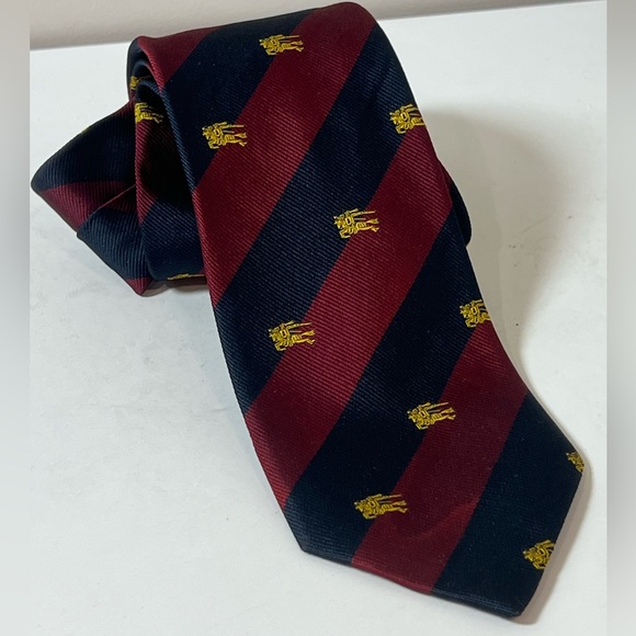 Burberry All Over Print Navy and Burgundy Striped Tie with Gold Accents Silk - Picture 1 of 7